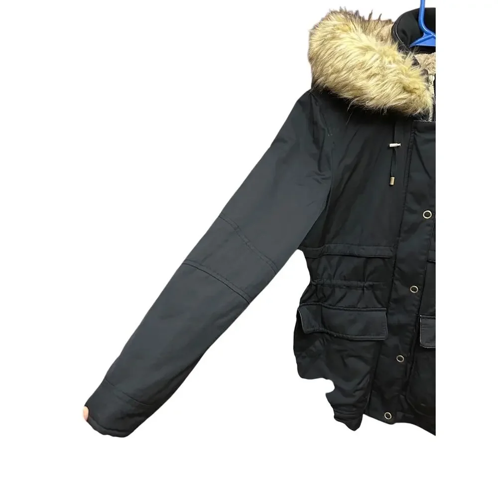 Zara Trafaluc Parka‎ Coat Black Faux Fur Size Small 3427/225/800 Winter